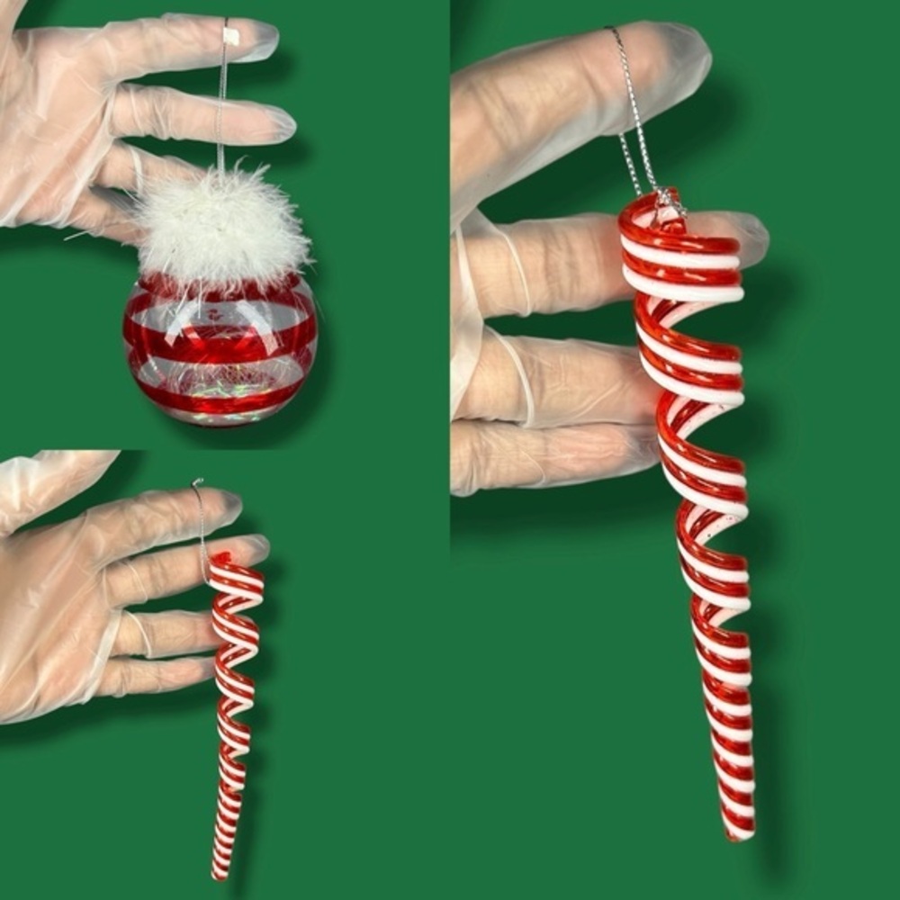 Red And White Striped Icicle and Bauble Christmas Ornaments - Set Of 3 -“Holly